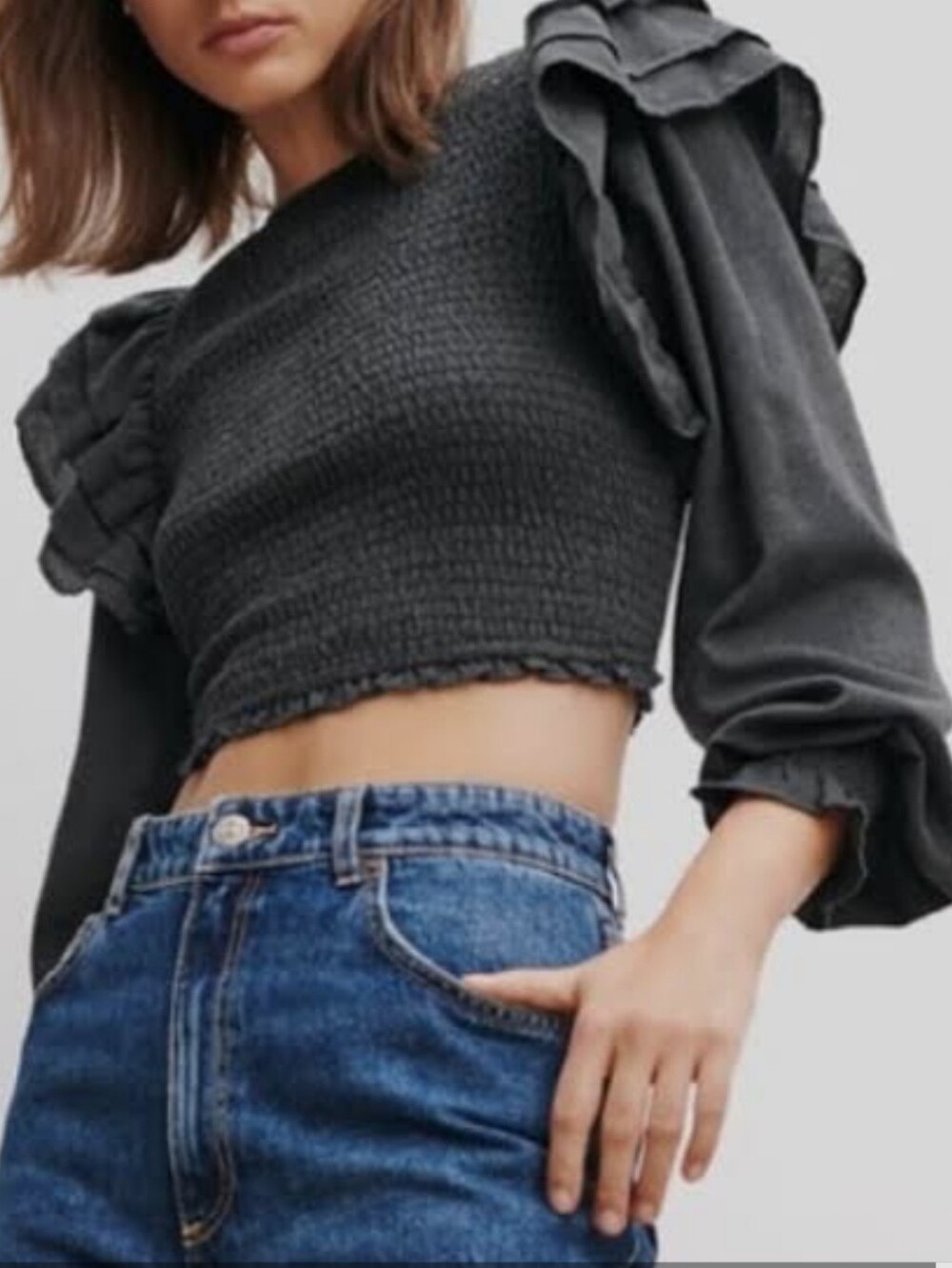Zara Dark Gray Smocked Ruffle Crop Top Balloon Sleeve Blouse Size M